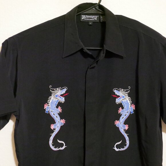 Dragonfly Shirt Mens Large Short Sleeve Button Black Blue Dragon Embroidery - Picture 1 of 5